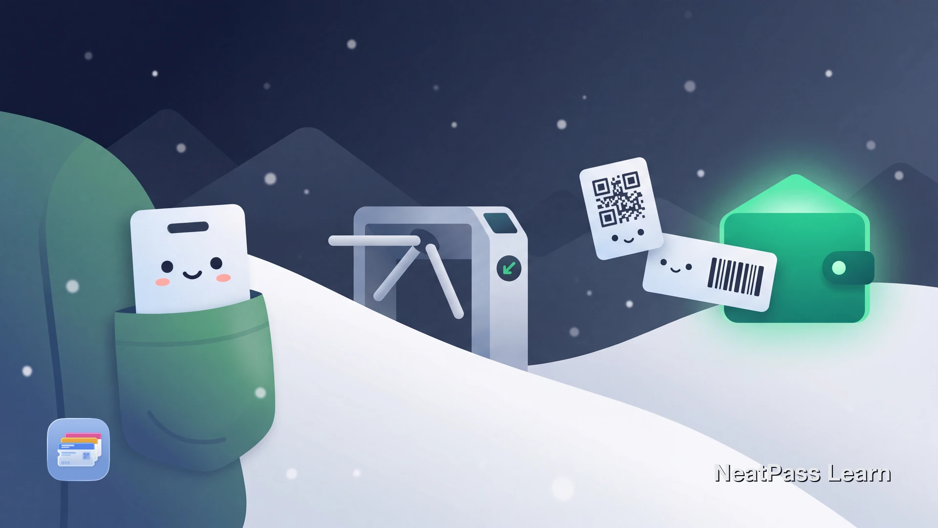 Playful illustration of a friendly ski pass card on snowy slopes with a gate turnstile, emerald glow showing the contrast between RFID chip and barcode