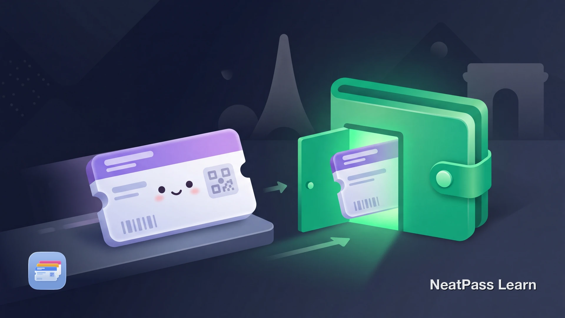 Stylized French TGV-style train ticket with a cute face gliding from a Parisian platform into a welcoming wallet glowing emerald, with Eiffel Tower silhouette in the background