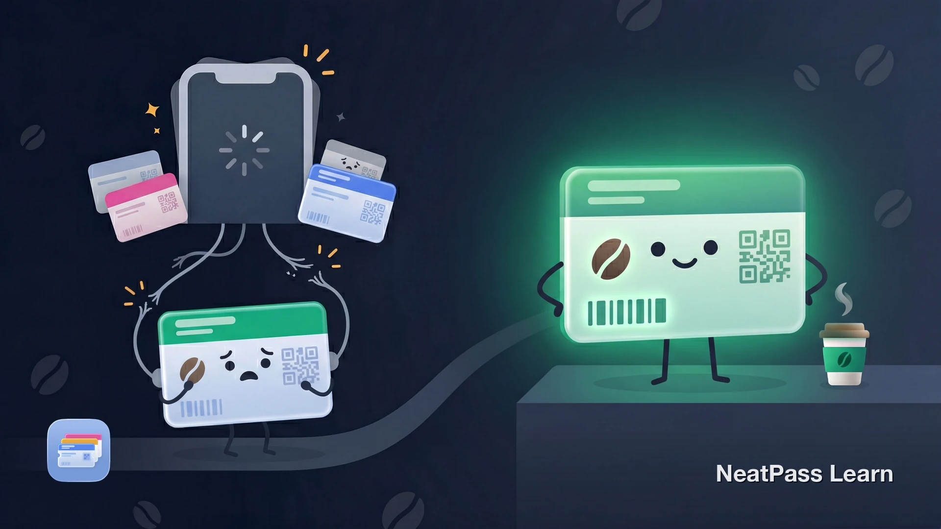 Stylized coffee loyalty card with a barcode floating toward a welcoming wallet icon with emerald glow