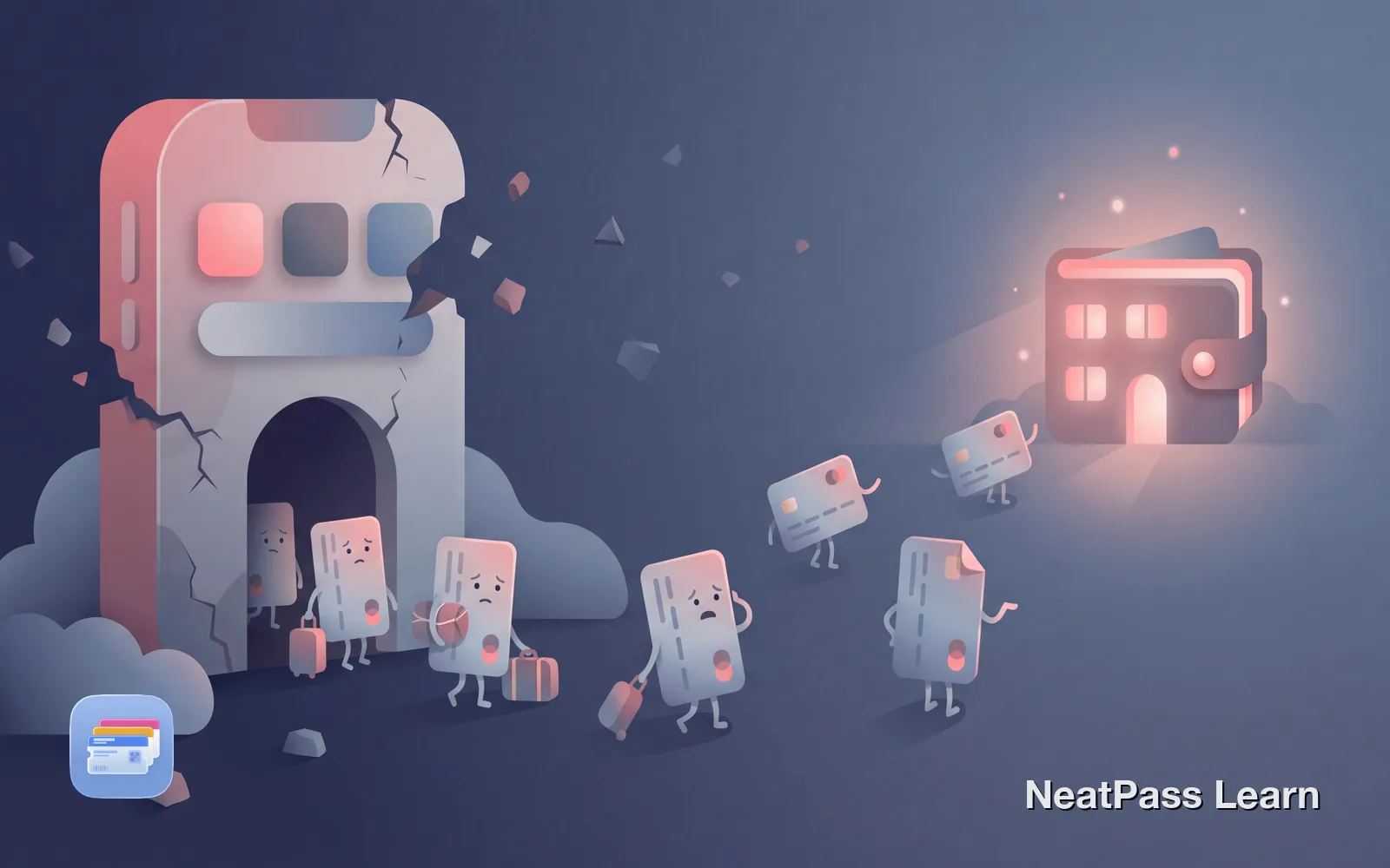 Illustrated loyalty cards with luggage leaving a crumbling app building and walking toward a glowing wallet home
