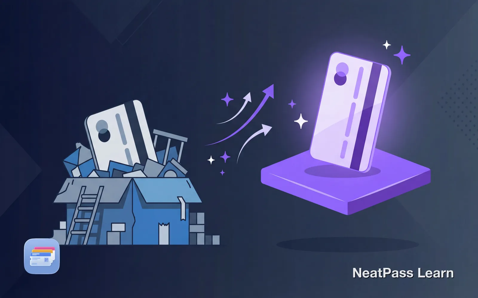 Messy box of cluttered cards on the left with arrows pointing to a polished card on a glowing violet platform