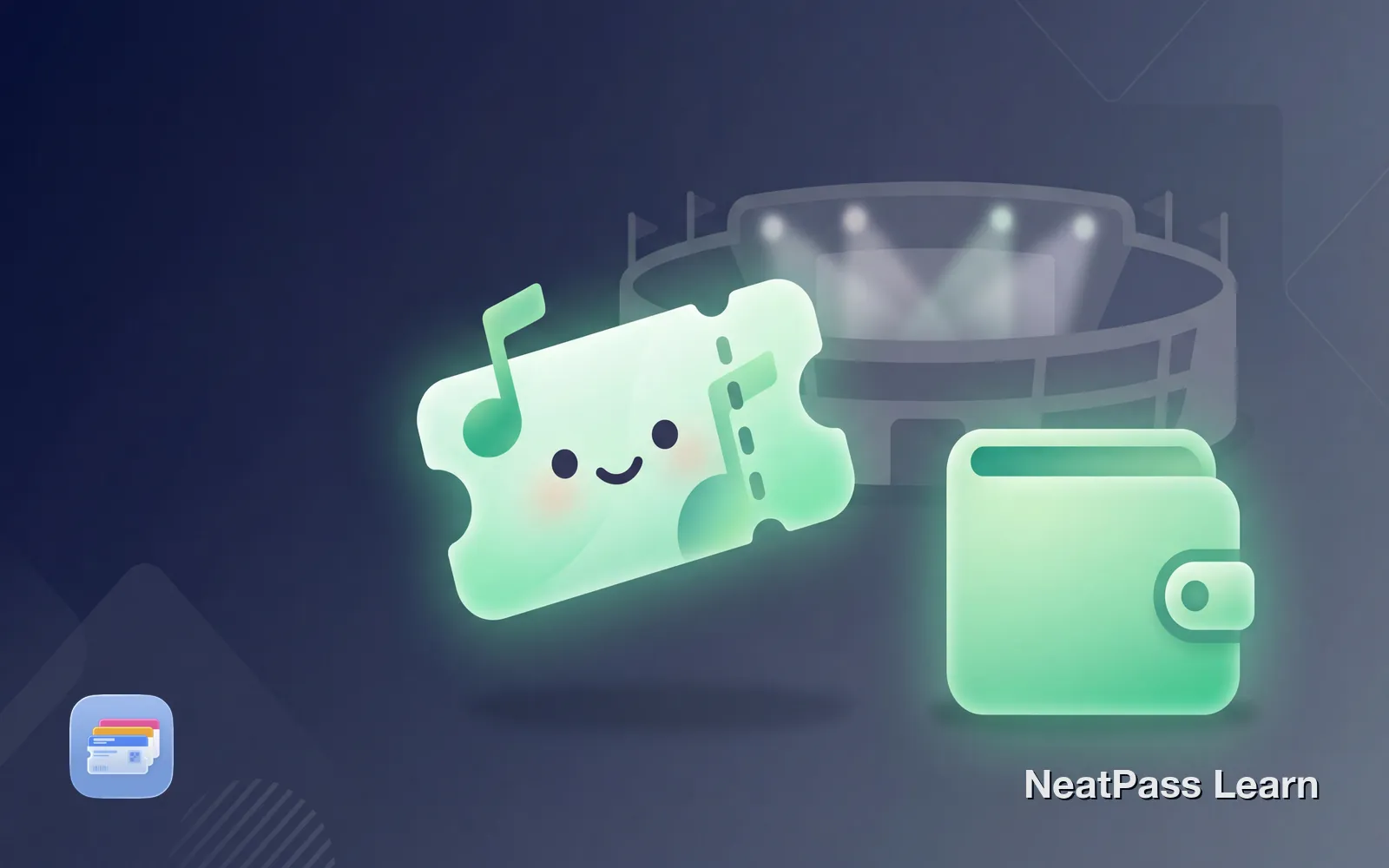 A concert ticket with a happy face being welcomed into Apple Wallet, with a stadium silhouette in the background