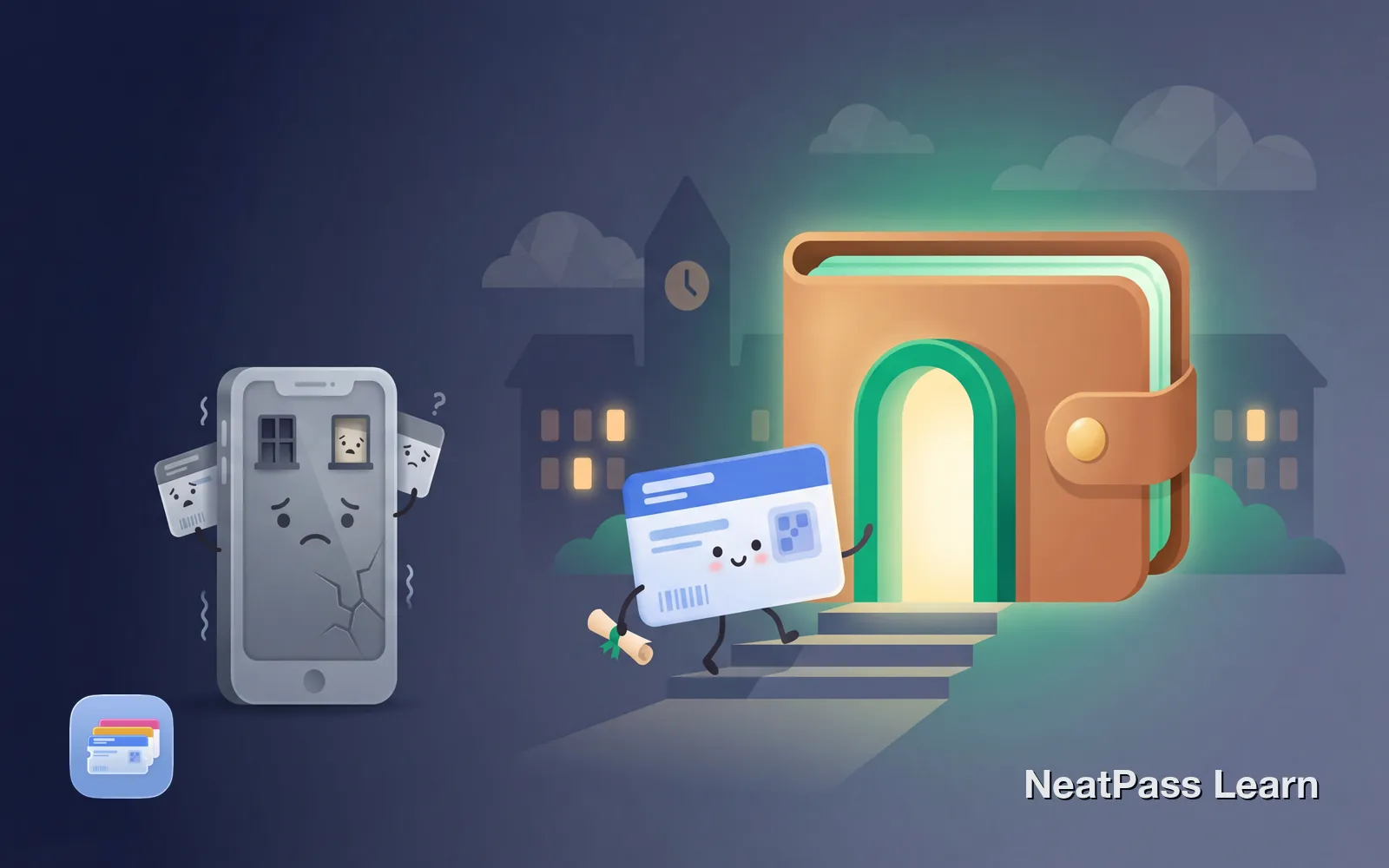 A happy student ID card walking into Apple Wallet through a library entrance while a building door remains closed