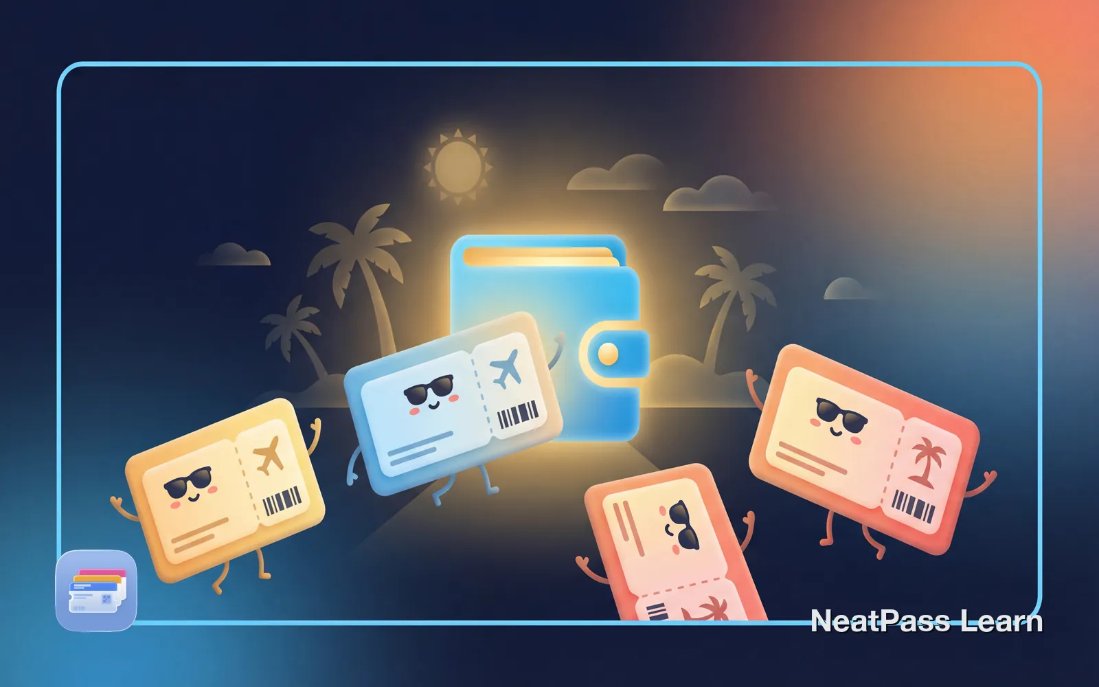 Cheerful boarding pass cards with cute faces heading toward a sunny wallet-shaped gateway, ready for summer travel