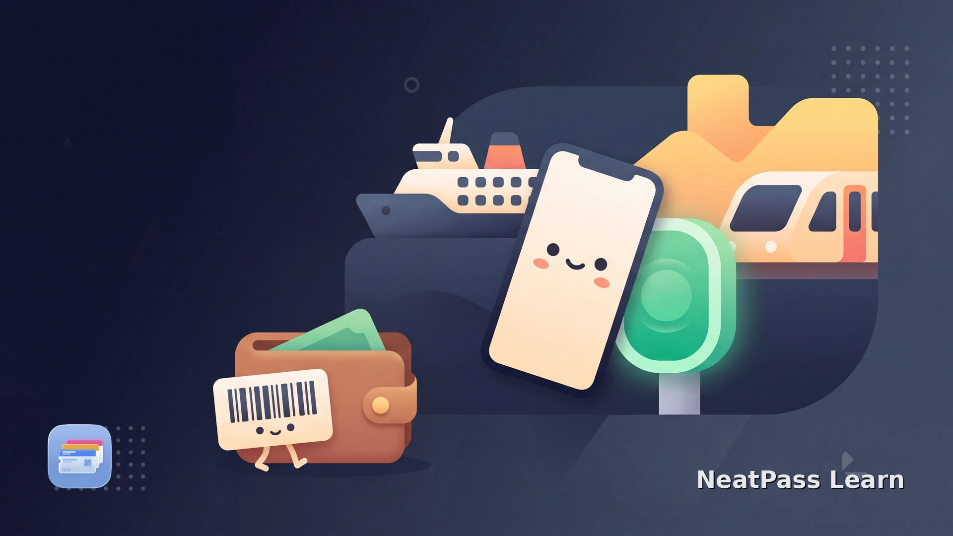 A cute smartphone with a friendly face taps a rounded Sydney transit reader beside a stylized ferry and train, while a barcode ticket card with dot eyes walks into a cozy Apple Wallet home, soft emerald glow