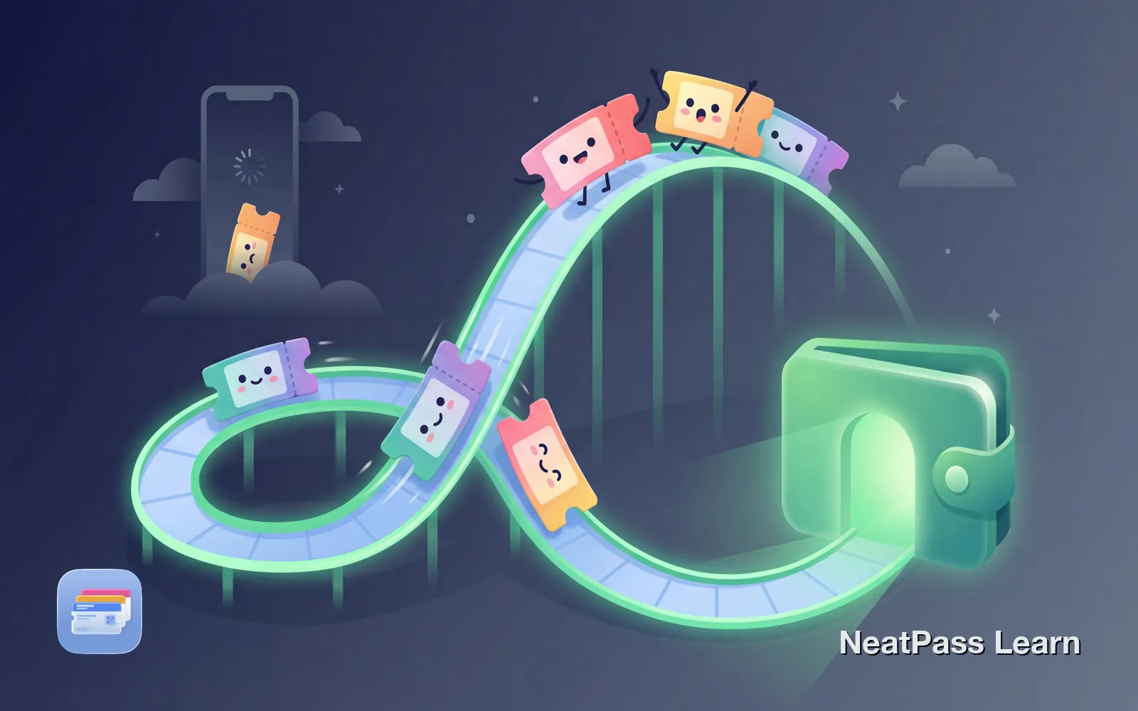 Colorful theme park tickets with happy faces boarding a roller coaster-shaped wallet with emerald accents