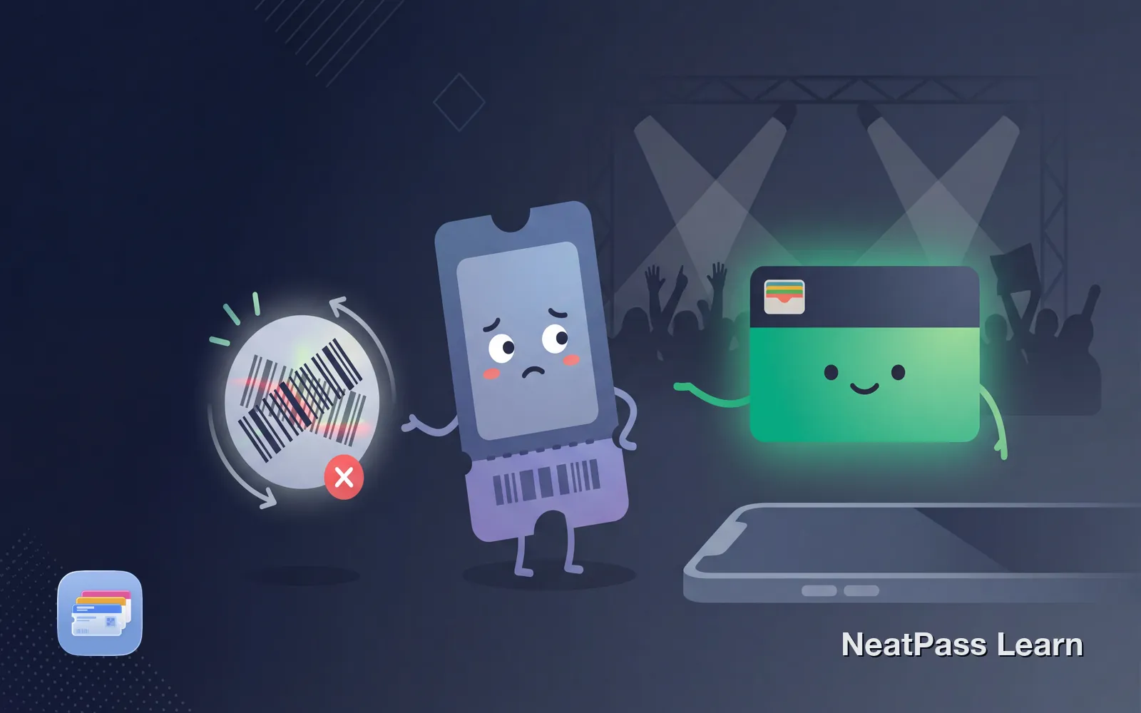 A concert ticket looking confused at a rotating barcode, with a helpful wallet pass nearby offering guidance