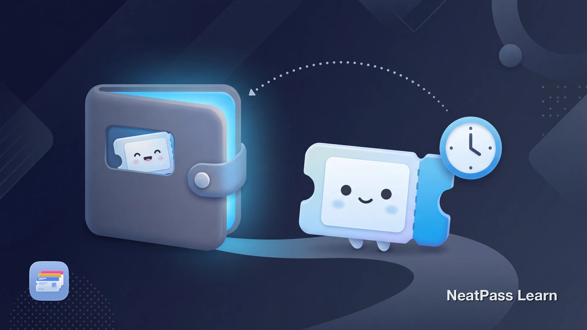 Friendly ticket card with a small face waiting patiently by a closed wallet door next to a little clock, sky blue glow