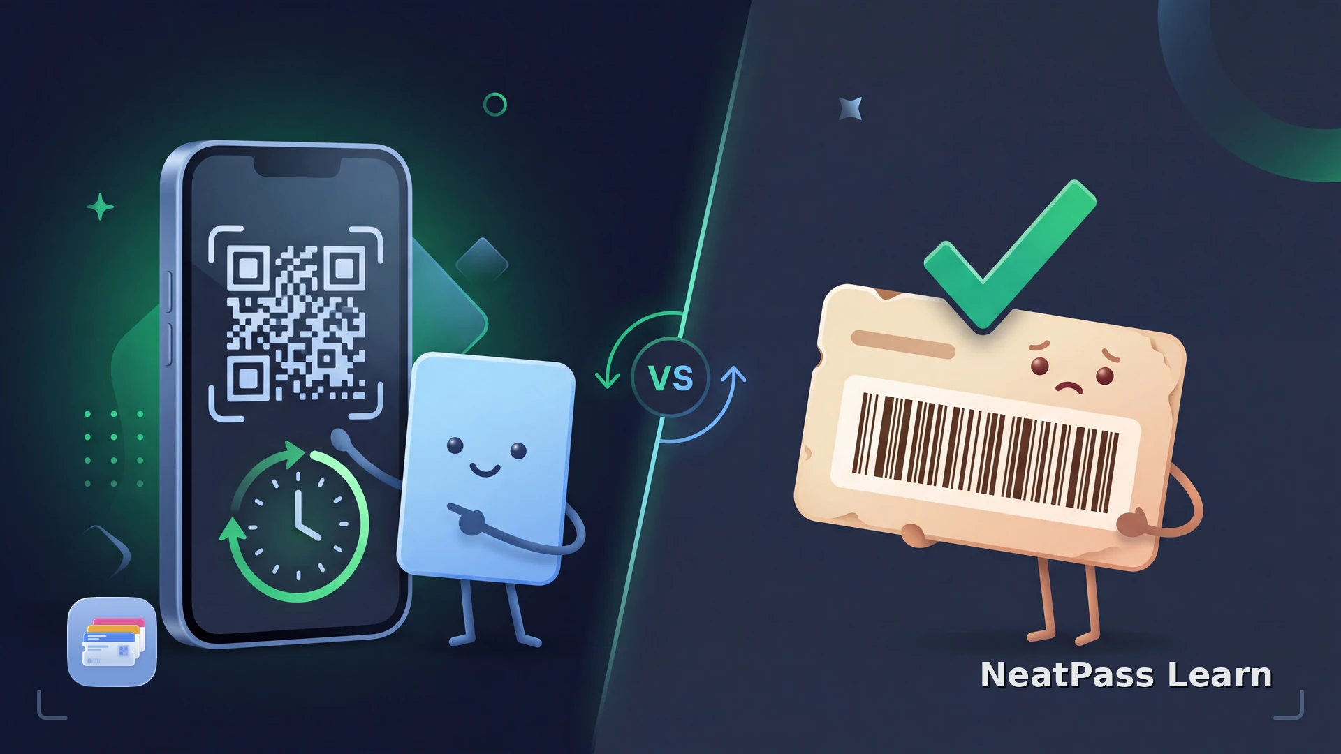 A changing QR code with a timer is contrasted with a separate barcode card marked as valid