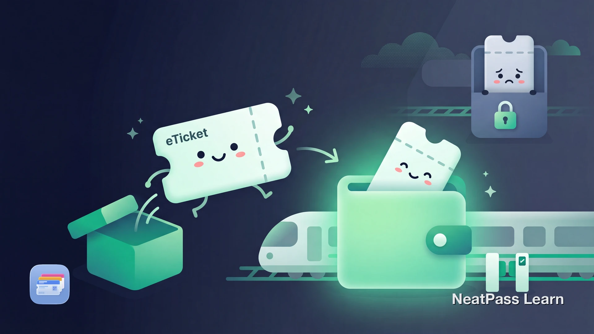 Stylized UK train eTicket with a cute face and an Aztec barcode gliding into a welcoming Apple Wallet glowing emerald, while a separate app-locked mobile ticket stays stuck behind a phone outline in the background