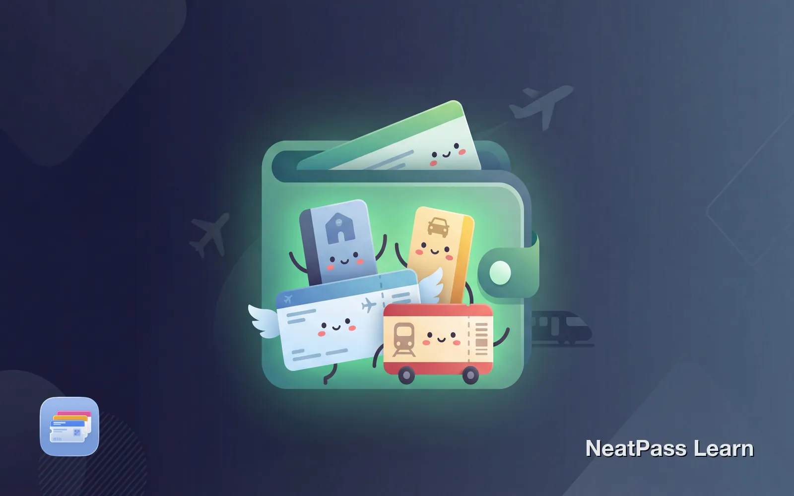 Colorful travel passes including boarding pass, train ticket, and hotel key happily organized inside a stylized Apple Wallet