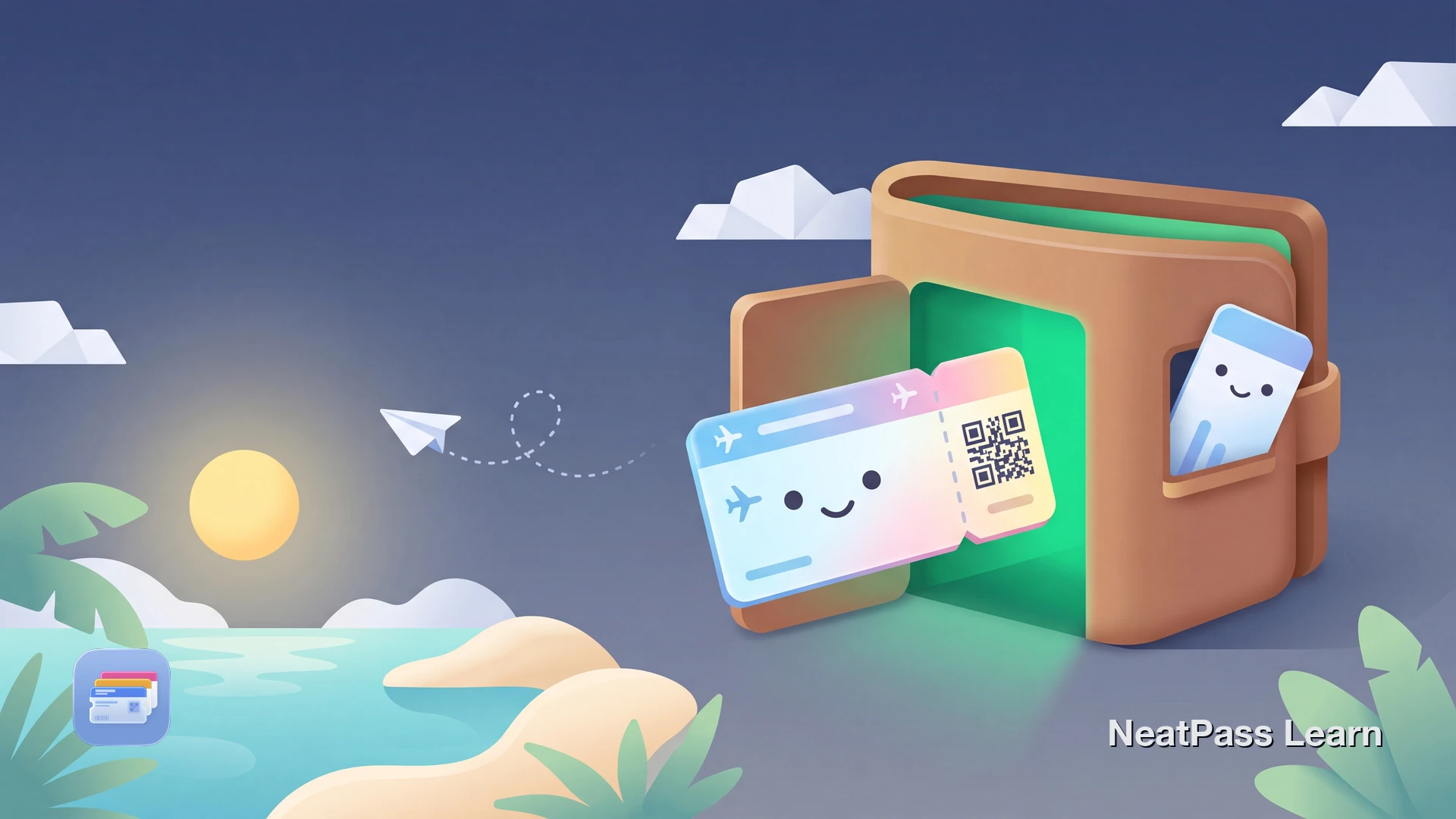 A friendly boarding pass with a happy face floating into a glowing Apple Wallet house above a sunny beach scene, with a paper airplane and soft clouds nearby