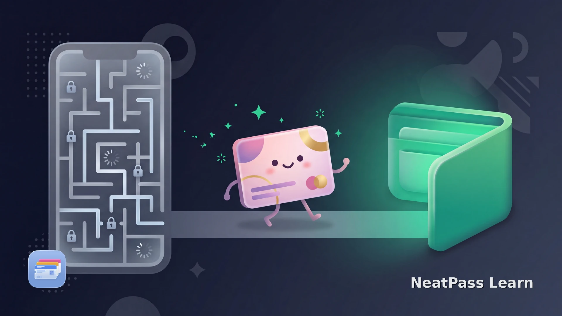 Stylized beauty rewards card with a friendly face walking away from a maze-like login app toward a welcoming wallet with an emerald glow