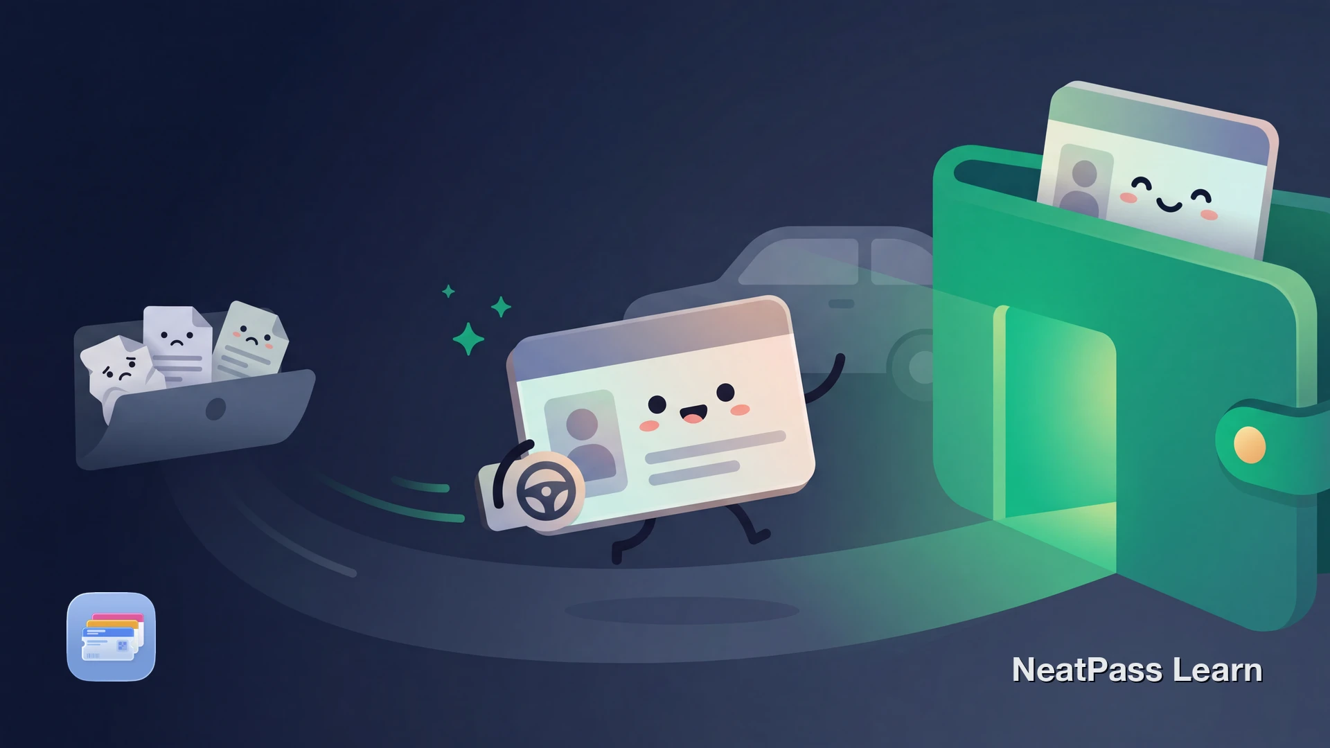 Friendly vehicle registration card with a cute face floating toward an open wallet, emerald glow, car silhouette in background