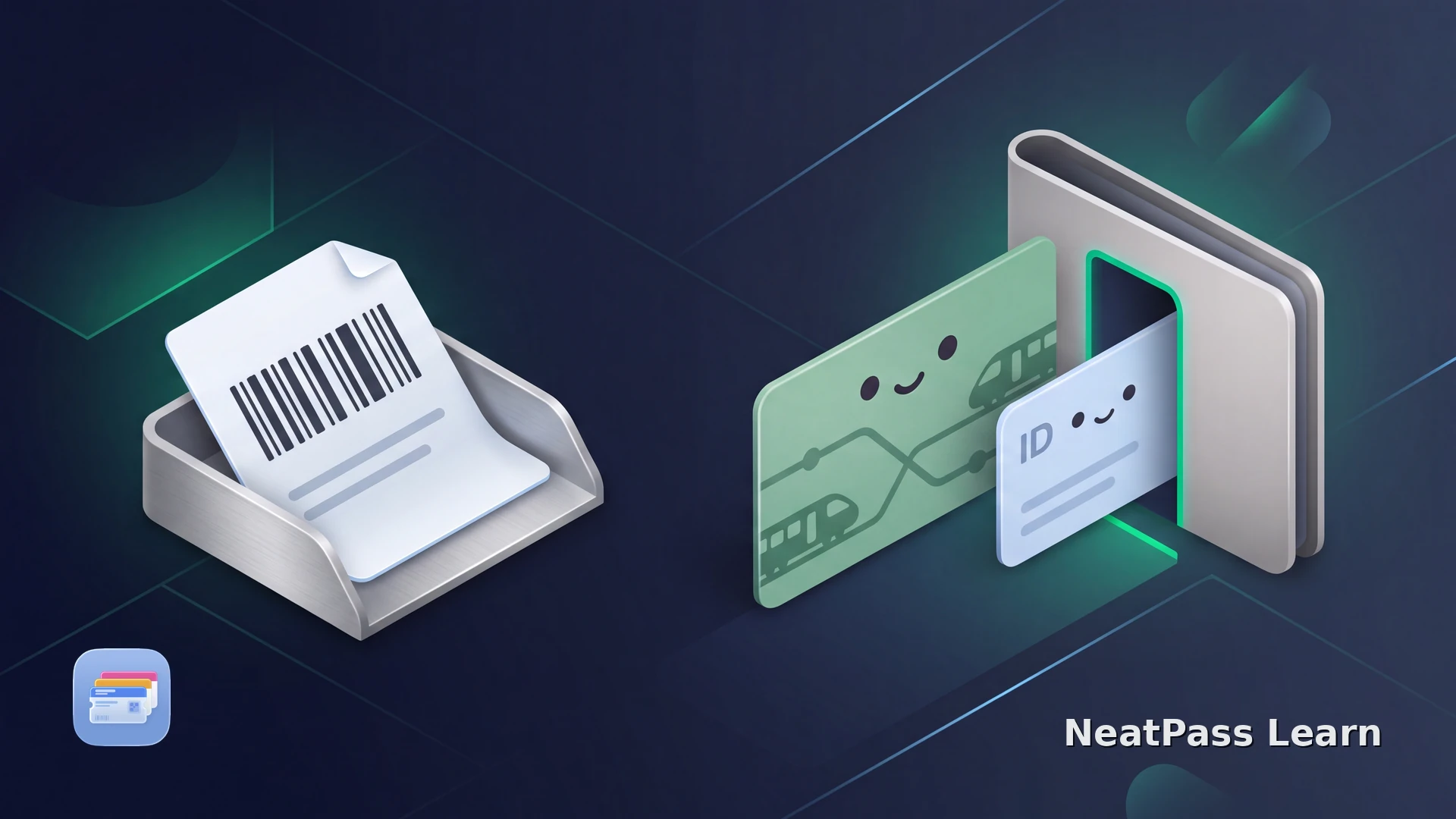 An issuer-provided barcode ticket beside a transit card and photo ID passing through an inspection gate