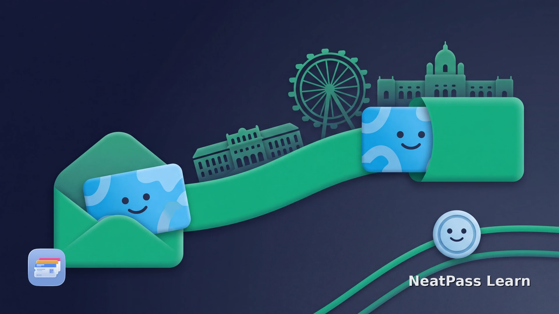 A sightseeing pass glides past city attractions into a wallet pouch beside a separate transit token