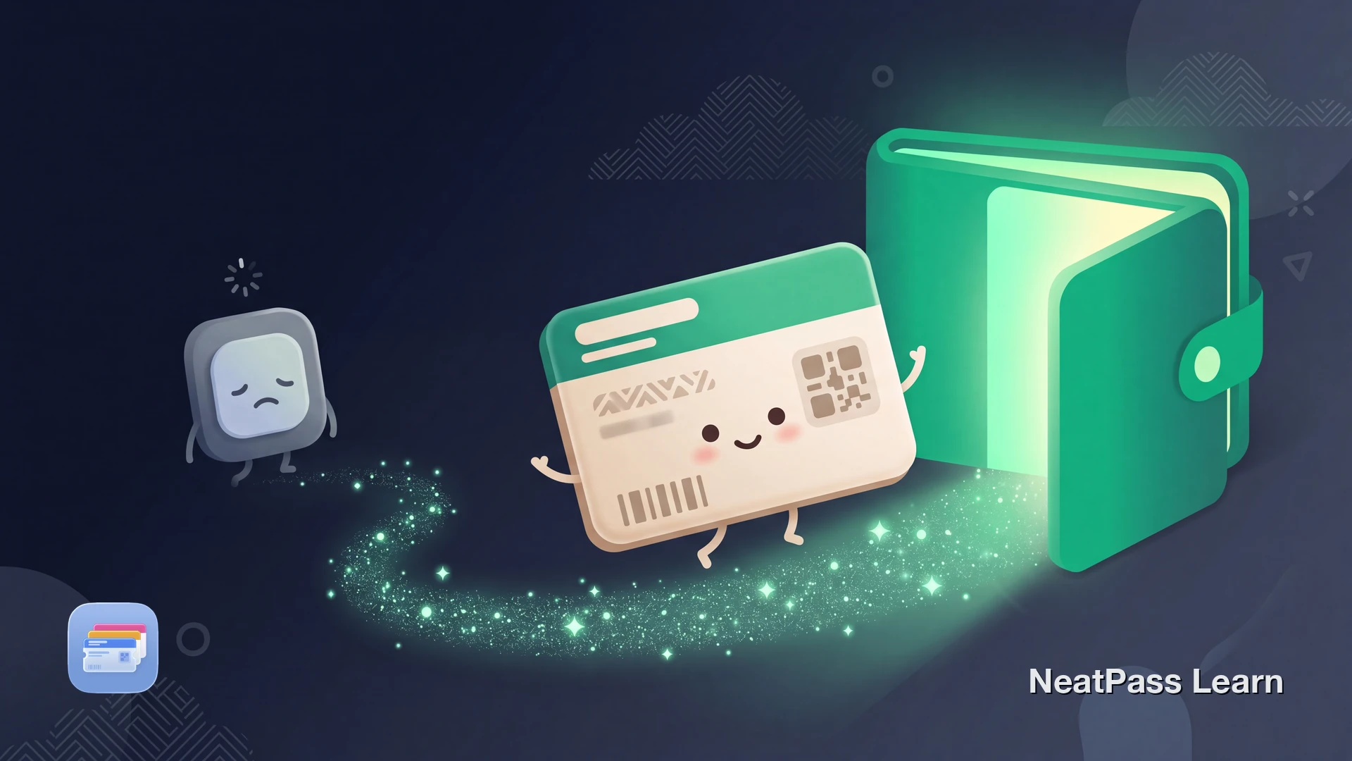 Stylized pharmacy loyalty card with a friendly face floating toward a welcoming wallet icon with emerald glow