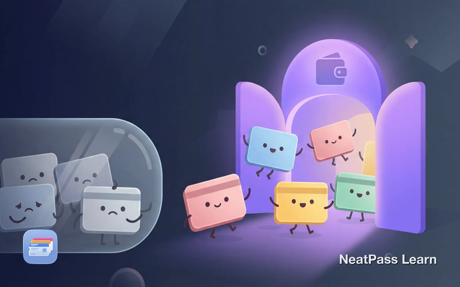 Happy pass cards walking through a doorway into Apple Wallet while other cards are stuck behind glass in a separate app