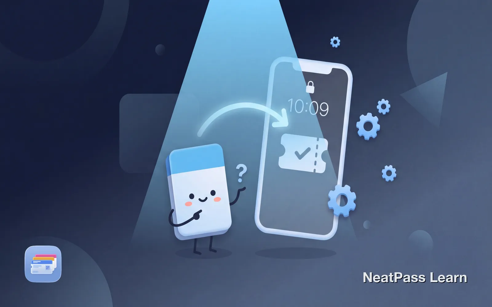 A confused cute pass card with question mark looking at an iPhone lock screen with settings gears floating around