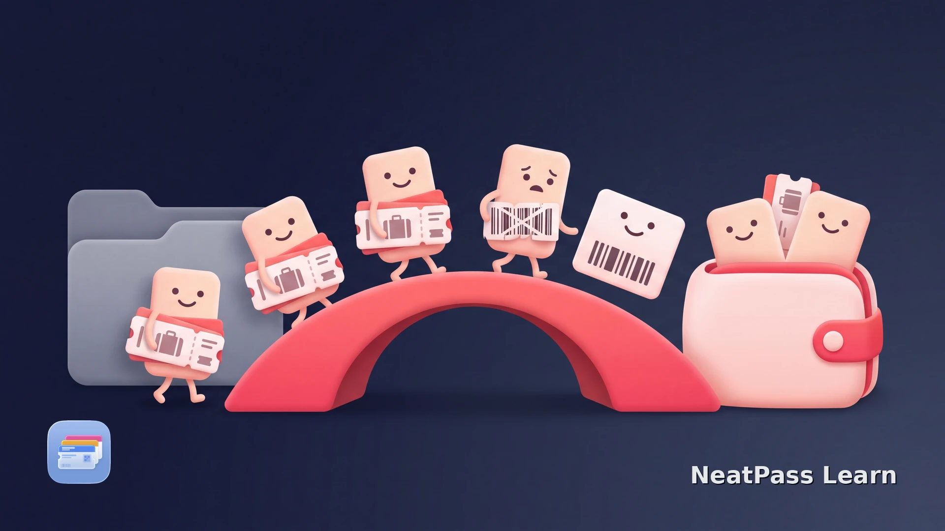 Smiling passes cross a coral bridge from an old app folder into a welcoming wallet pouch