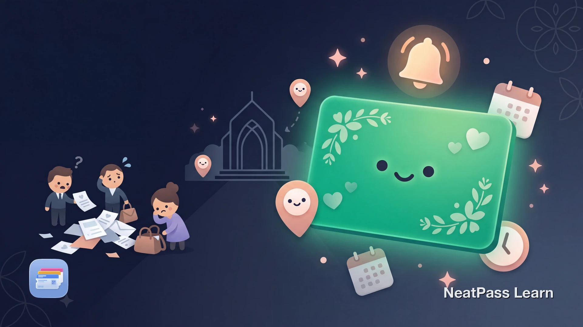 Friendly wedding invitation card with cute face appearing on phone lock screen near stylized wedding venue with emerald location pins and soft floral accents