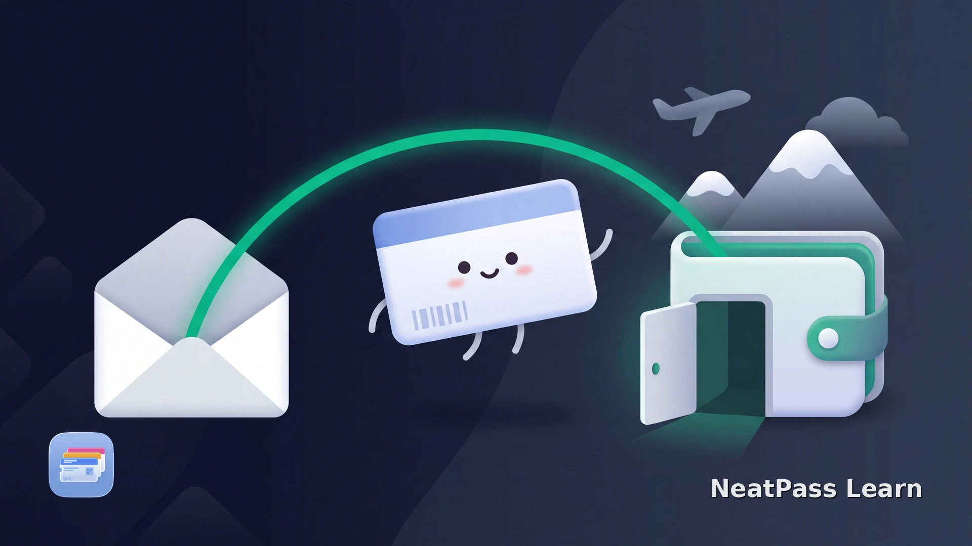 A friendly boarding pass with a happy face floating out of an envelope into a glowing Apple Wallet house, with a soft plane and mountain motif nearby