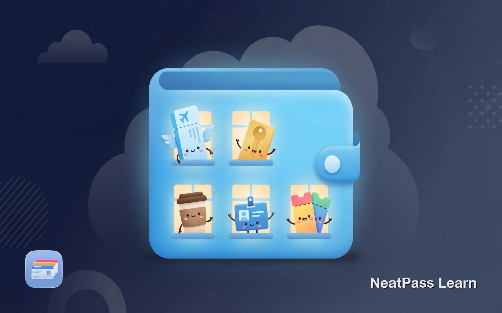 Wallet shaped like apartment building with different pass types in windows including boarding pass, key, coffee card, ID badge, and event tickets