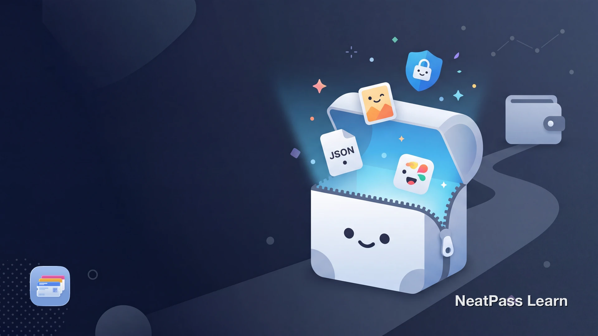 Friendly illustrated pkpass file being unzipped to reveal its contents like a treasure chest of pass components