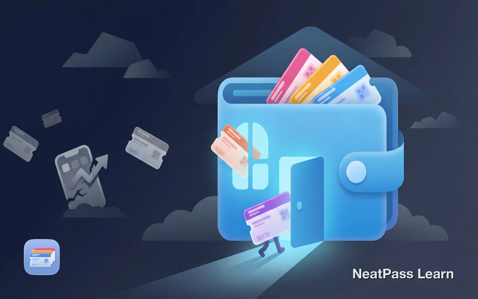 Large blue wallet filled with colorful cards while a crumbling app icon with faded gray cards floats away on the left