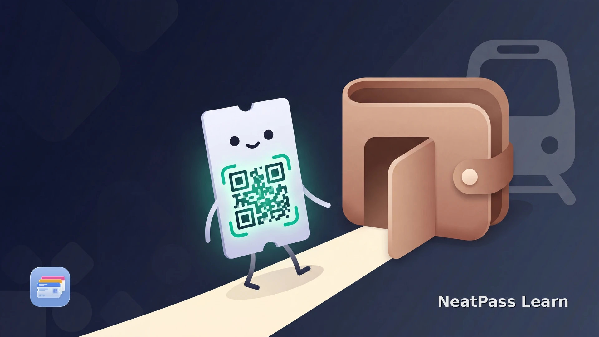 A cute paper Vienna transit ticket card with a friendly face and a glowing QR code walks into a cozy Apple Wallet home beside a stylized U-Bahn train, soft emerald glow