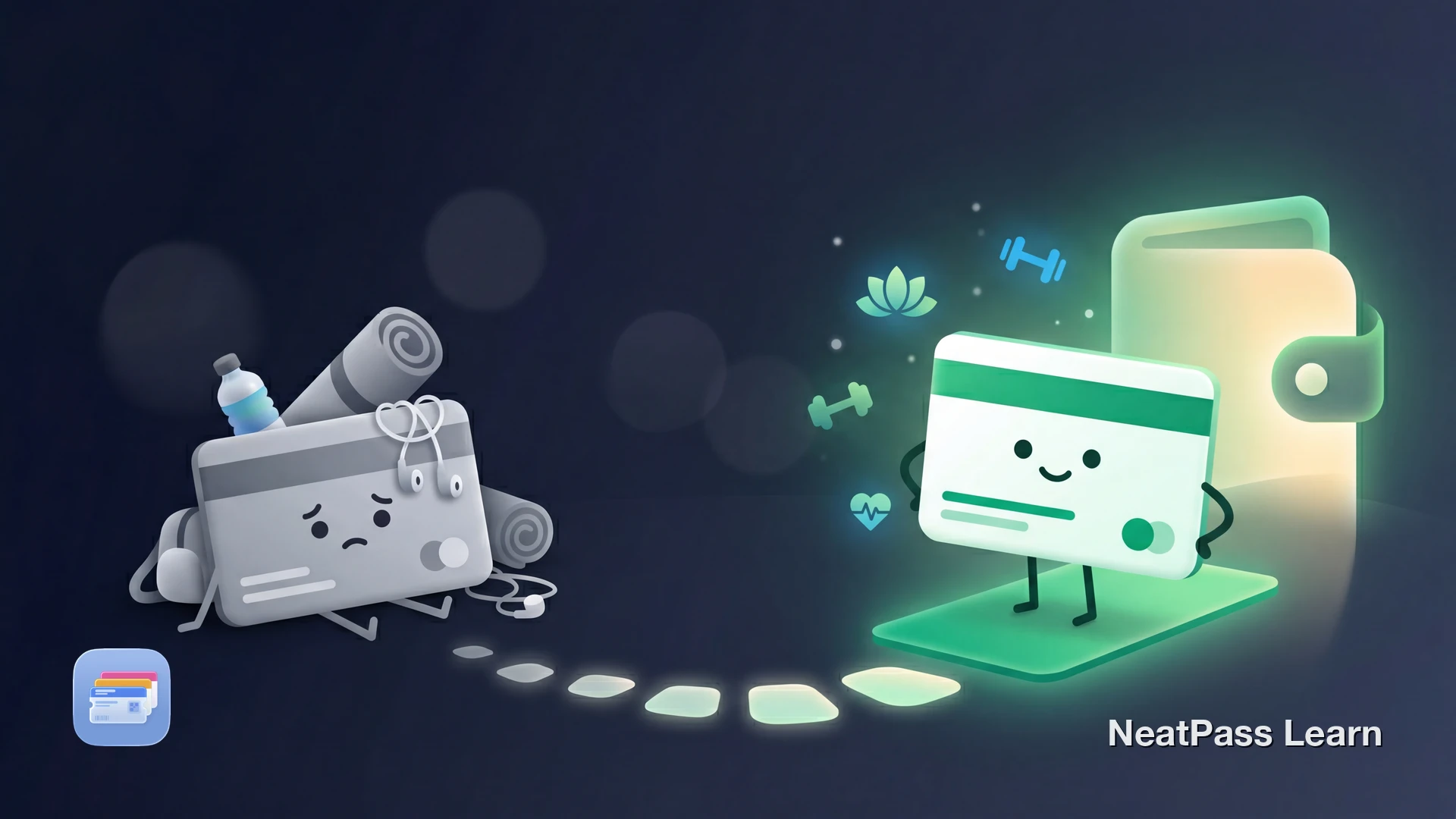 Stylized yoga mat and fitness pass cards floating toward a welcoming wallet with emerald glow and soft studio lighting